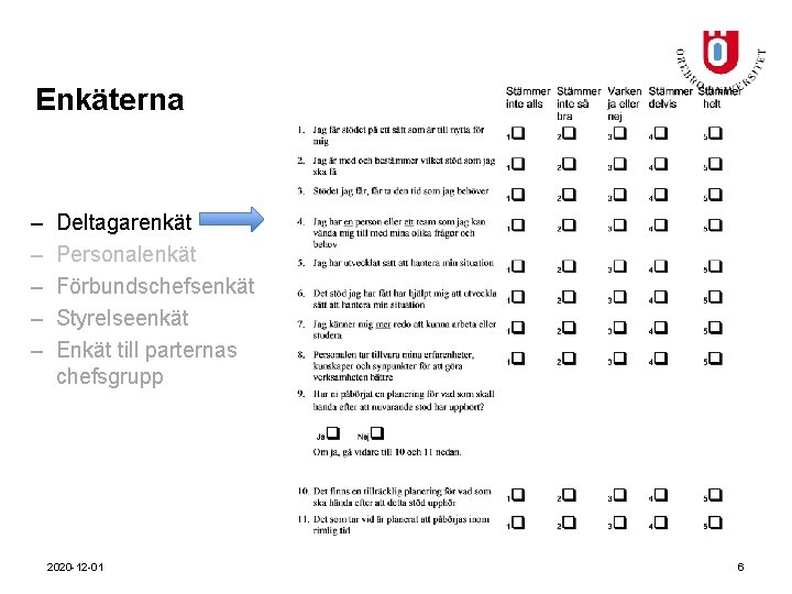 Enkäterna – – – Deltagarenkät Personalenkät Förbundschefsenkät Styrelseenkät Enkät till parternas chefsgrupp 2020 -12