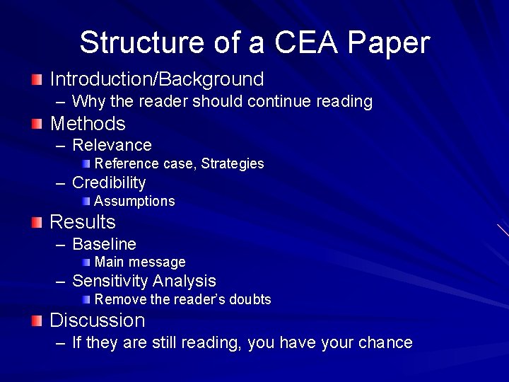 Structure of a CEA Paper Introduction/Background – Why the reader should continue reading Methods