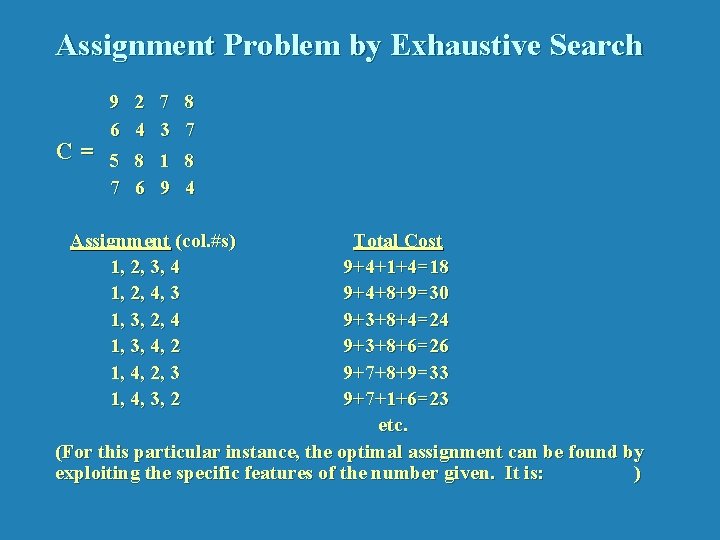 Assignment Problem by Exhaustive Search 9 2 7 8 6 4 3 7 C=