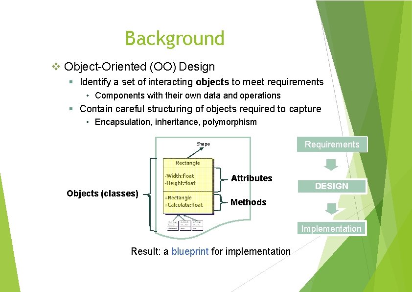 Background Object-Oriented (OO) Design Identify a set of interacting objects to meet requirements •