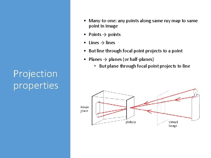 • Many-to-one: any points along same ray map to same point in image