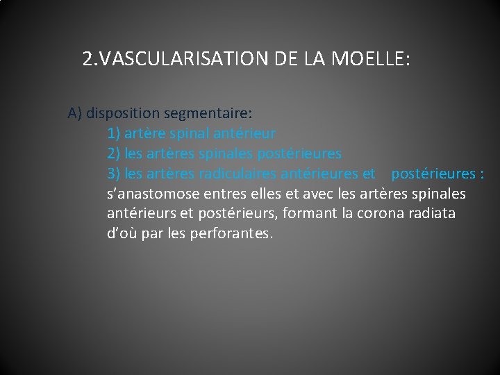  2. VASCULARISATION DE LA MOELLE: A) disposition segmentaire: 1) artère spinal antérieur 2)