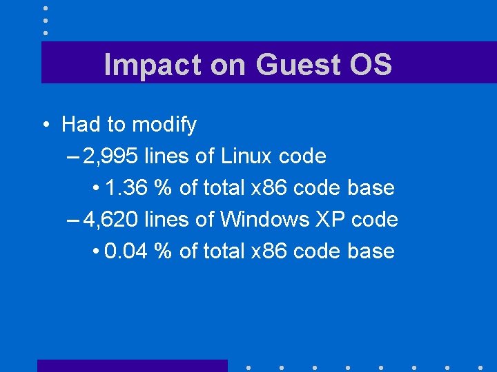 Impact on Guest OS • Had to modify – 2, 995 lines of Linux