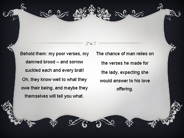 Behold them: my poor verses, my The chance of man relies on damned brood