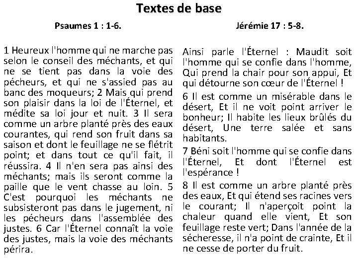 Textes de base Psaumes 1 : 1 -6. Jérémie 17 : 5 -8. 1