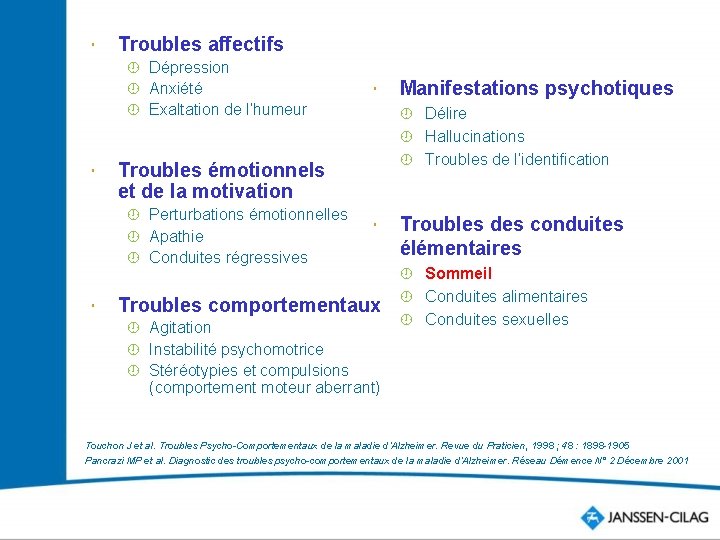  Troubles affectifs ¾ Dépression ¾ Anxiété ¾ Exaltation de l’humeur ¾ Délire ¾