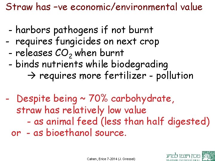 Straw has –ve economic/environmental value - harbors pathogens if not burnt - requires fungicides