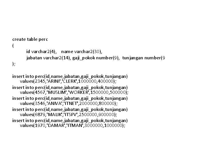 create table perc ( id varchar 2(4), name varchar 2(30), jabatan varchar 2(14), gaji_pokok