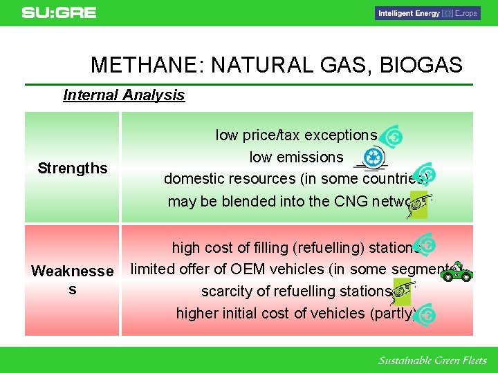 METHANE: NATURAL GAS, BIOGAS Internal Analysis Strengths low price/tax exceptions low emissions domestic resources