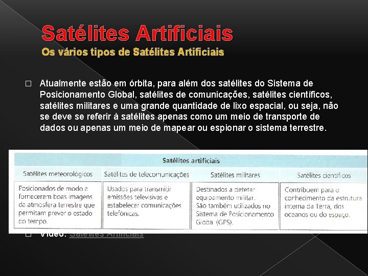 Satélites Artificiais Os vários tipos de Satélites Artificiais � Atualmente estão em órbita, para