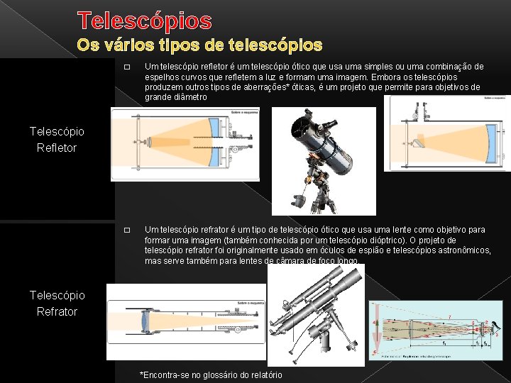 Telescópios Os vários tipos de telescópios � Um telescópio refletor é um telescópio ótico