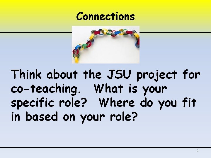 Connections Think about the JSU project for co-teaching. What is your specific role? Where