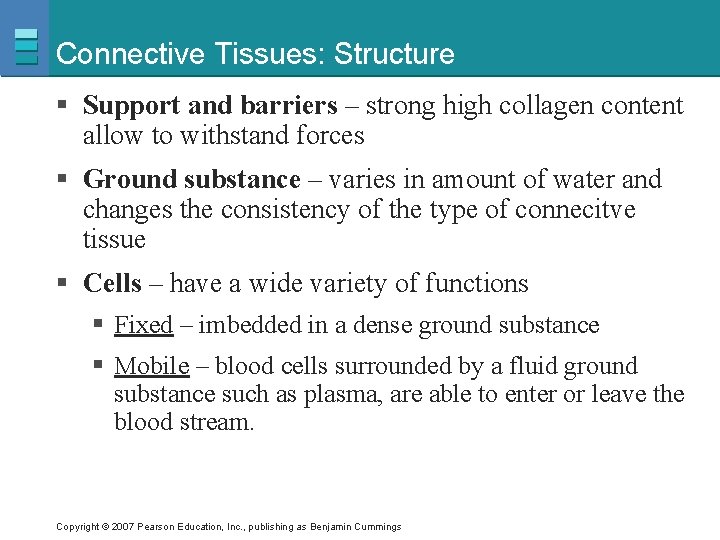 Connective Tissues: Structure § Support and barriers – strong high collagen content allow to