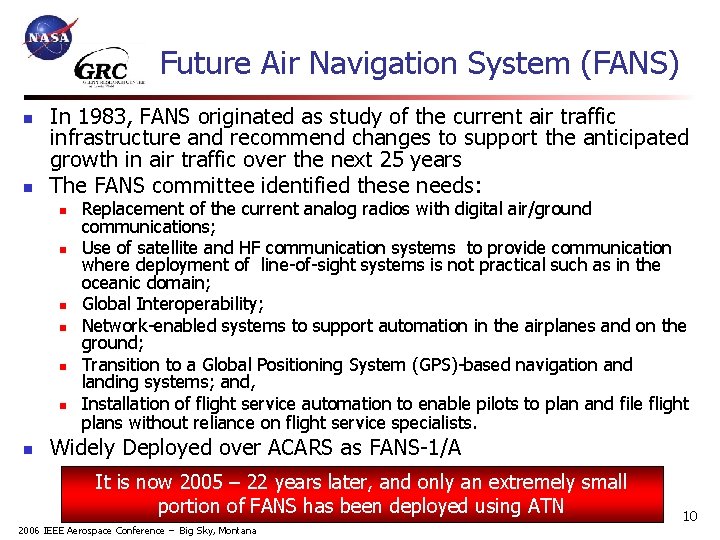 Future Air Navigation System (FANS) n n In 1983, FANS originated as study of