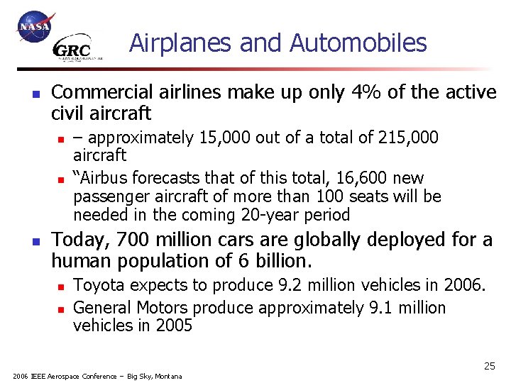Airplanes and Automobiles n Commercial airlines make up only 4% of the active civil
