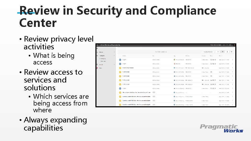 Review in Security and Compliance Center • Review privacy level activities • What is