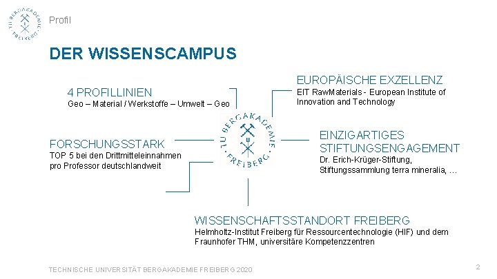 Profil DER WISSENSCAMPUS EUROPÄISCHE EXZELLENZ 4 PROFILLINIEN Geo – Material / Werkstoffe – Umwelt