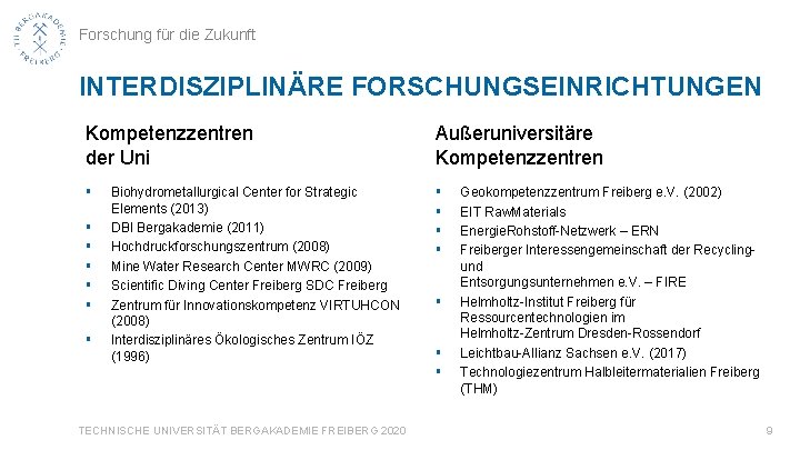 Forschung für die Zukunft INTERDISZIPLINÄRE FORSCHUNGSEINRICHTUNGEN Kompetenzzentren der Uni Außeruniversitäre Kompetenzzentren § § §