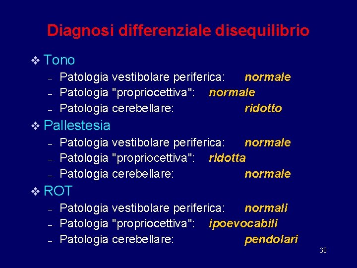 Diagnosi differenziale disequilibrio v Tono – Patologia vestibolare periferica: normale – Patologia "propriocettiva": normale