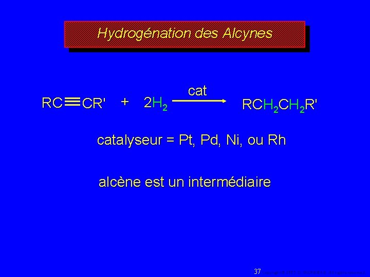 Hydrogénation des Alcynes RC CR' + 2 H 2 cat RCH 2 R' catalyseur
