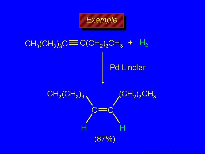 Exemple CH 3(CH 2)3 C C(CH 2)3 CH 3 + H 2 Pd Lindlar