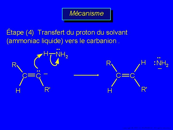 Mécanisme Étape (4) Transfert du proton du solvant (ammoniac liquide) vers le carbanion. .