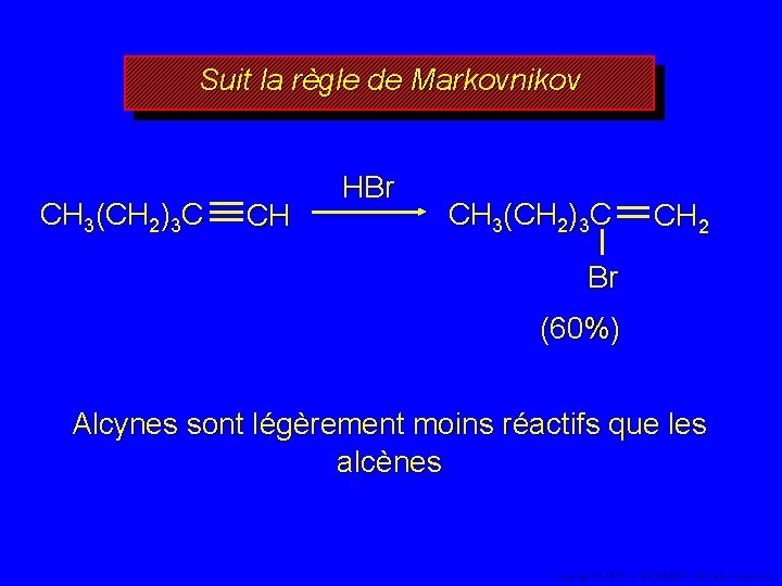 Suit la règle de Markovnikov CH 3(CH 2)3 C CH HBr CH 3(CH 2)3