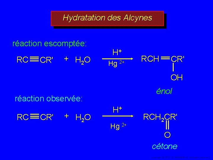 Hydratation des Alcynes réaction escomptée: RC CR' + H 2 O H+ Hg 2+