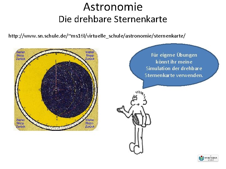 Astronomie Die drehbare Sternenkarte http: //www. sn. schule. de/~ms 16 l/virtuelle_schule/astronomie/sternenkarte/ Für eigene Übungen