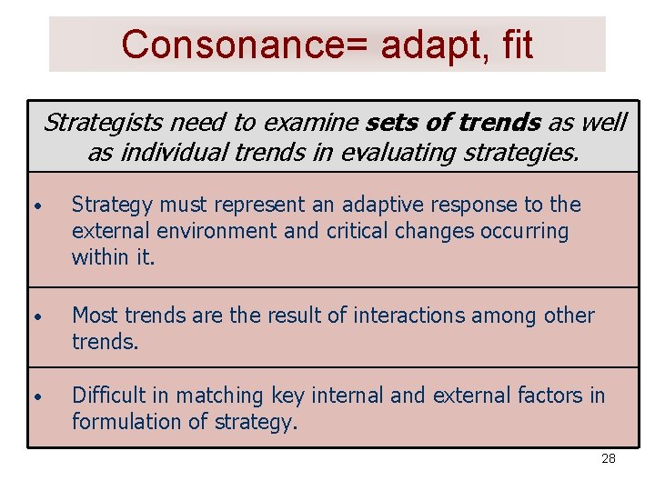 Consonance= adapt, fit Strategists need to examine sets of trends as well as individual