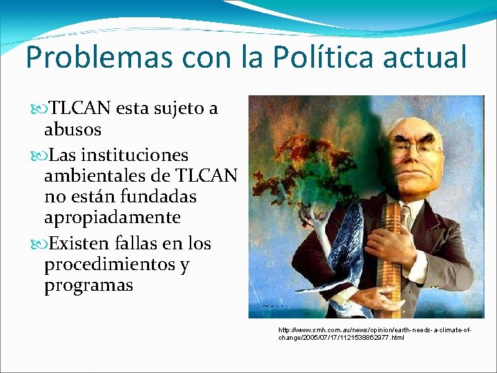 Problemas con la Política actual TLCAN esta sujeto a abusos Las instituciones ambientales de