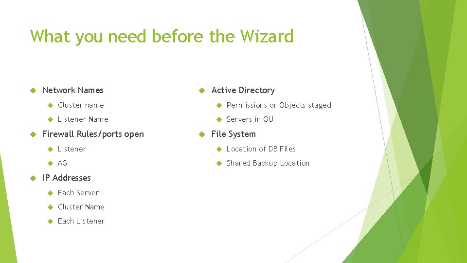 What you need before the Wizard Network Names Active Directory Cluster name Permissions or