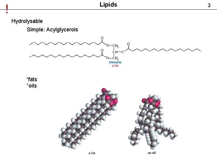 Lipids ! Hydrolysable Simple: Acylglycerols *fats *oils 3 