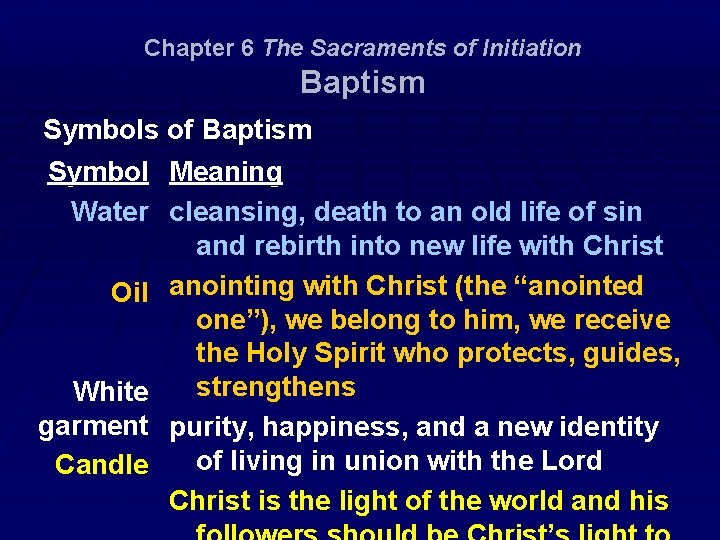 Chapter 6 The Sacraments of Initiation Baptism Symbols of Baptism Symbol Meaning Water cleansing,