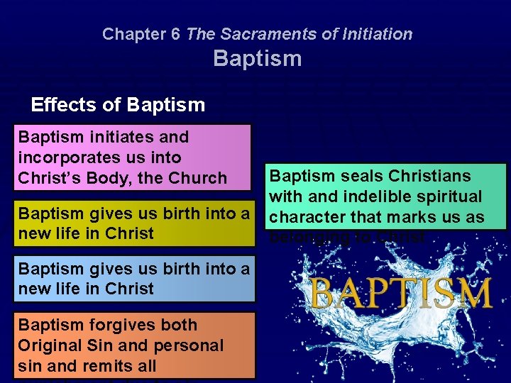 Chapter 6 The Sacraments of Initiation Baptism Effects of Baptism initiates and incorporates us