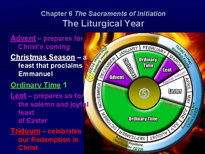 Chapter 6 The Sacraments of Initiation The Liturgical Year Advent – prepares for Christ’s