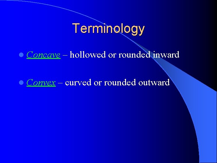 Terminology l Concave l Convex – hollowed or rounded inward – curved or rounded