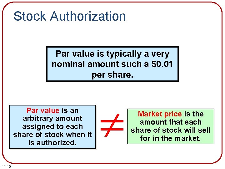 Stock Authorization Par value is typically a very nominal amount such a $0. 01