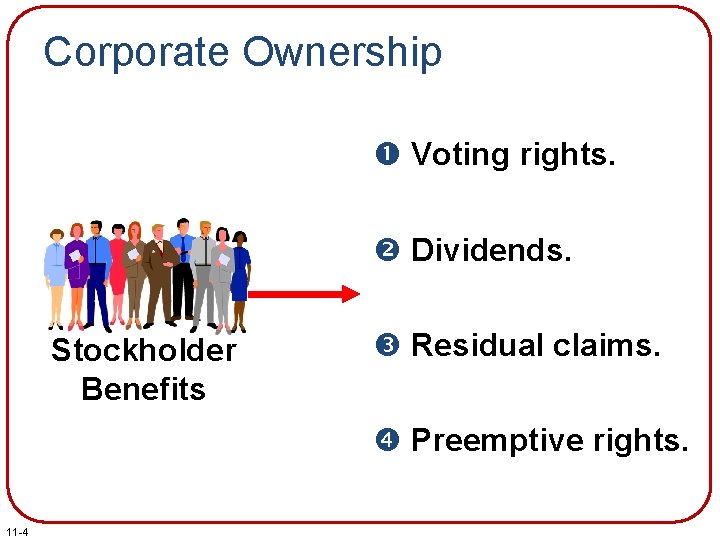 Corporate Ownership Voting rights. Dividends. Stockholder Benefits Residual claims. Preemptive rights. 11 -4 