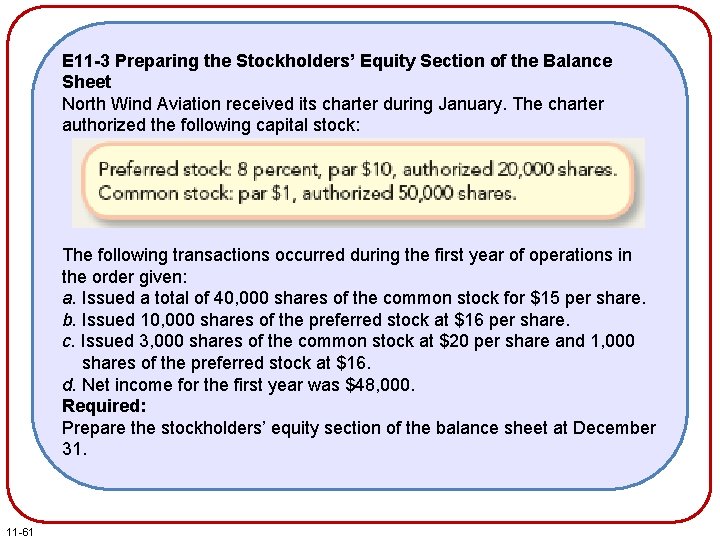 E 11 -3 Preparing the Stockholders’ Equity Section of the Balance Sheet North Wind