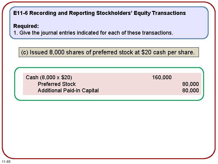 E 11 -6 Recording and Reporting Stockholders’ Equity Transactions Required: 1. Give the journal