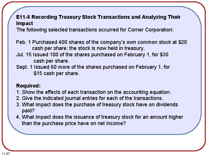 E 11 -8 Recording Treasury Stock Transactions and Analyzing Their Impact The following selected