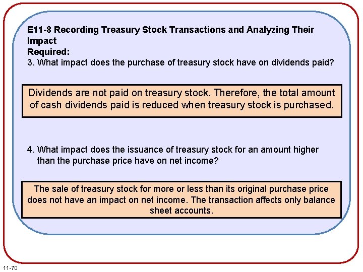 E 11 -8 Recording Treasury Stock Transactions and Analyzing Their Impact Required: 3. What