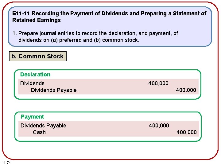 E 11 -11 Recording the Payment of Dividends and Preparing a Statement of Retained