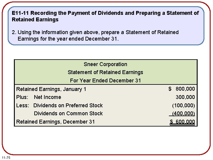 E 11 -11 Recording the Payment of Dividends and Preparing a Statement of Retained