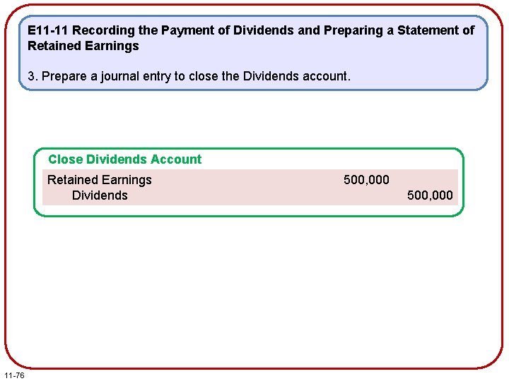 E 11 -11 Recording the Payment of Dividends and Preparing a Statement of Retained