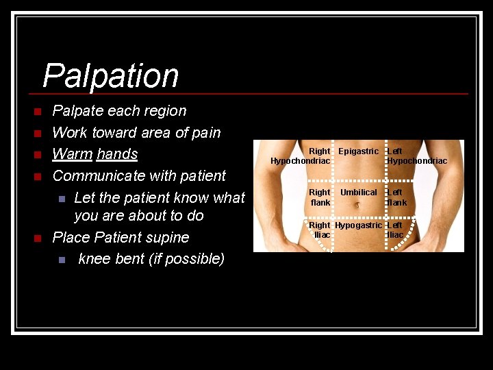 Palpation n n Palpate each region Work toward area of pain Warm hands Communicate