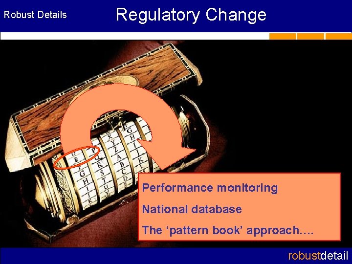 Robust Details Regulatory Change Performance monitoring National database The ‘pattern book’ approach…. robustdetail 