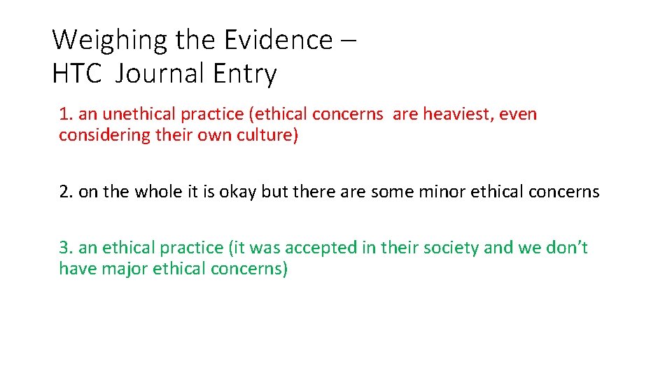 Weighing the Evidence – HTC Journal Entry 1. an unethical practice (ethical concerns are