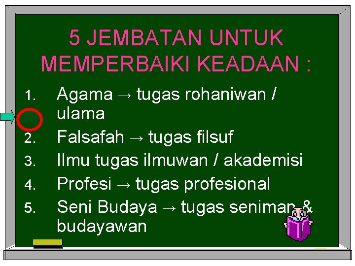 5 JEMBATAN UNTUK MEMPERBAIKI KEADAAN : 1. 2. 3. 4. 5. Agama → tugas